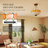 HOMCOM Tiffany Style Ceiling Light with 3 E27 Sockets – Vintage Stained Glass Semi Flush Chandelier