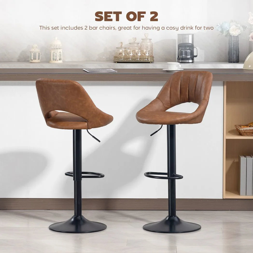 HOMCOM Set of 2 PU Leather Swivel Bar Stools with Backrest and Footrest – Adjustable Height, Brown