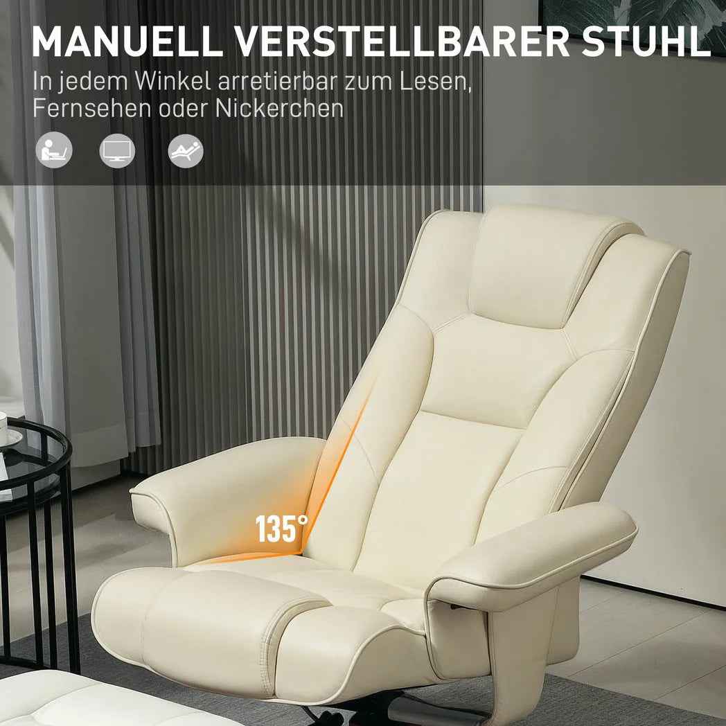 HOMCOM Faux Leather Manual Recliner Armchair and Footstool Set with Rocking Motion – Cream White