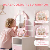 AIYAPLAY Kids Vanity Set with Stool, Dual-Colour Lights Mirror, Cabinets, Drawer & Shelves – Children's Dressing Table, Pink