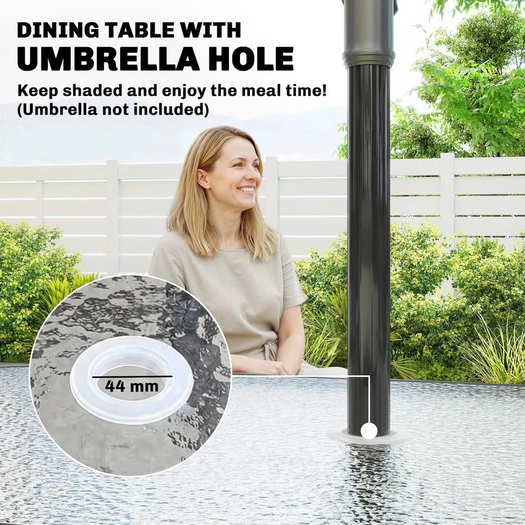 Outsunny 5 Piece Garden Dining Set for 4 – Glass-Top Table with Parasol Hole and Stackable Chairs, Light Grey
