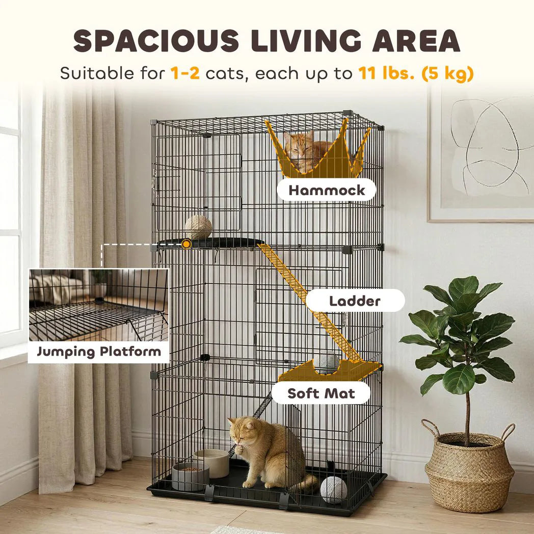 PawHut 3-Tier Large Cat Cage with Hammock, Platforms, Tray and Cushions – Detachable Metal Kennel for 1–2 Cats