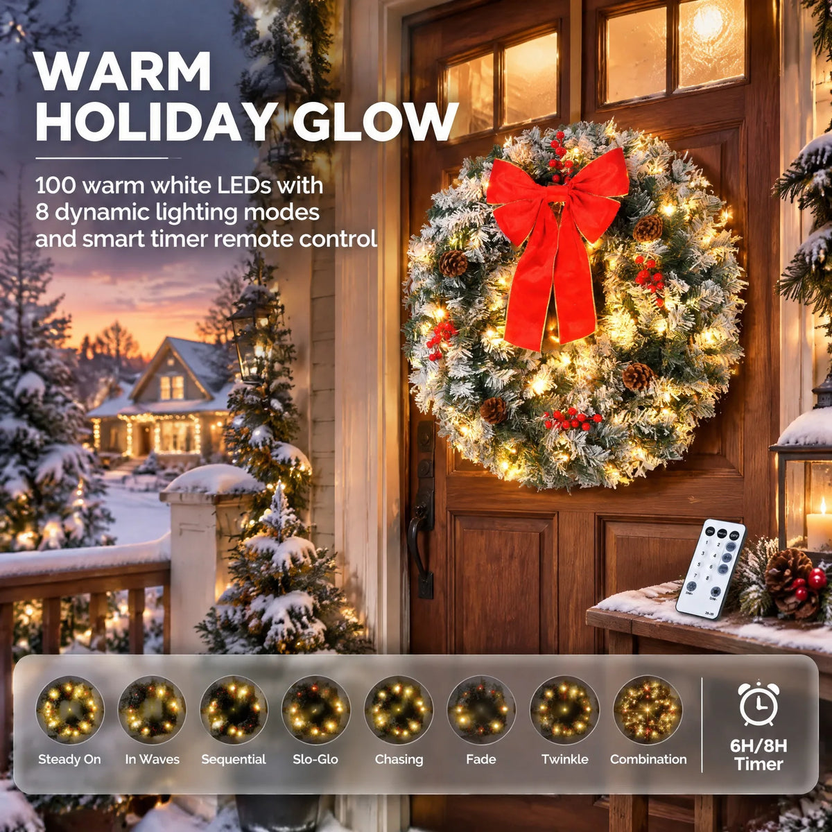36in Pre-Lit Snow Flocked Christmas Wreath with 100 LED Lights – Lighted Artificial Door Decoration