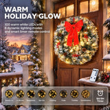 36in Pre-Lit Snow Flocked Christmas Wreath with 100 LED Lights – Lighted Artificial Door Decoration