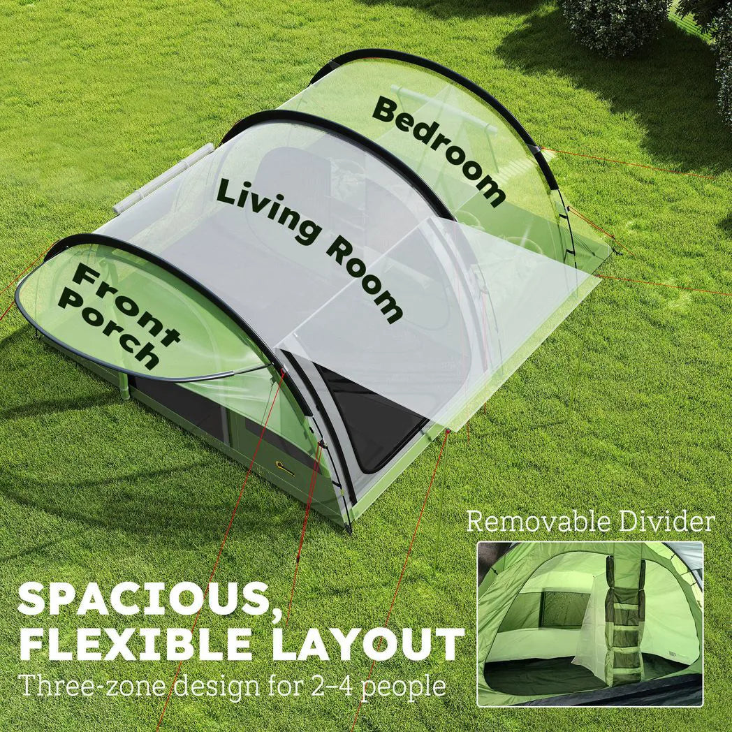 Outsunny 4 Person Family Camping Tent with 2 Rooms & Sewn-In Groundsheet – Waterproof Tunnel Tent, Green & Grey