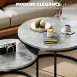 HOMCOM Set of Two Cement-Effect Nesting Coffee Tables with Steel Frame – Round Stacking Tables, Grey