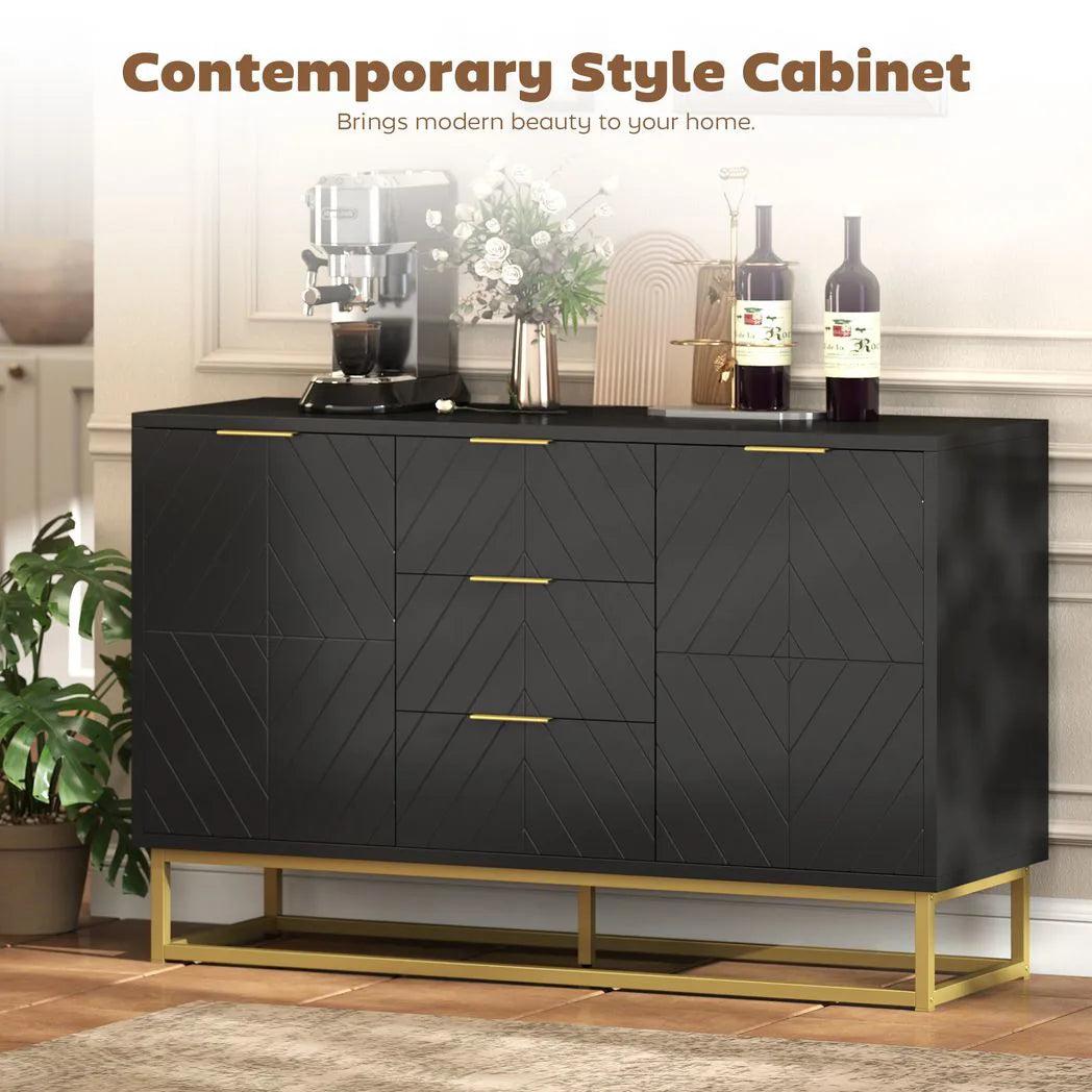 HOMCOM Sideboard with 3 Drawers, 2-Door Cabinet and Adjustable Shelves, Gold-Tone Base, Black