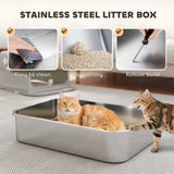 PawHut XXL Stainless Steel Cat Litter Box with 90° Flip Cover, Double Doors & Scoop – Enclosed, Grey
