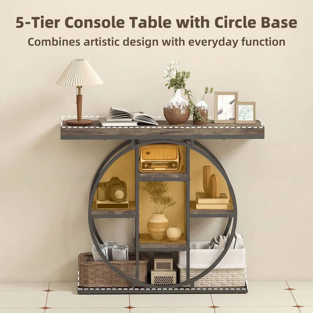 HOMCOM Industrial Console Table with 6 Open Shelves – Hallway Entryway Table with Metal Frame, Rustic Brown