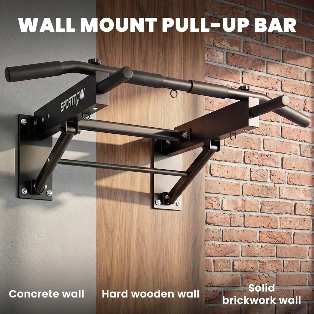 SPORTNOW Wall Mounted Folding Pull Up Bar with 3 Band Hooks – 120kg Steel Chin Up Bar for Home Gym, Black