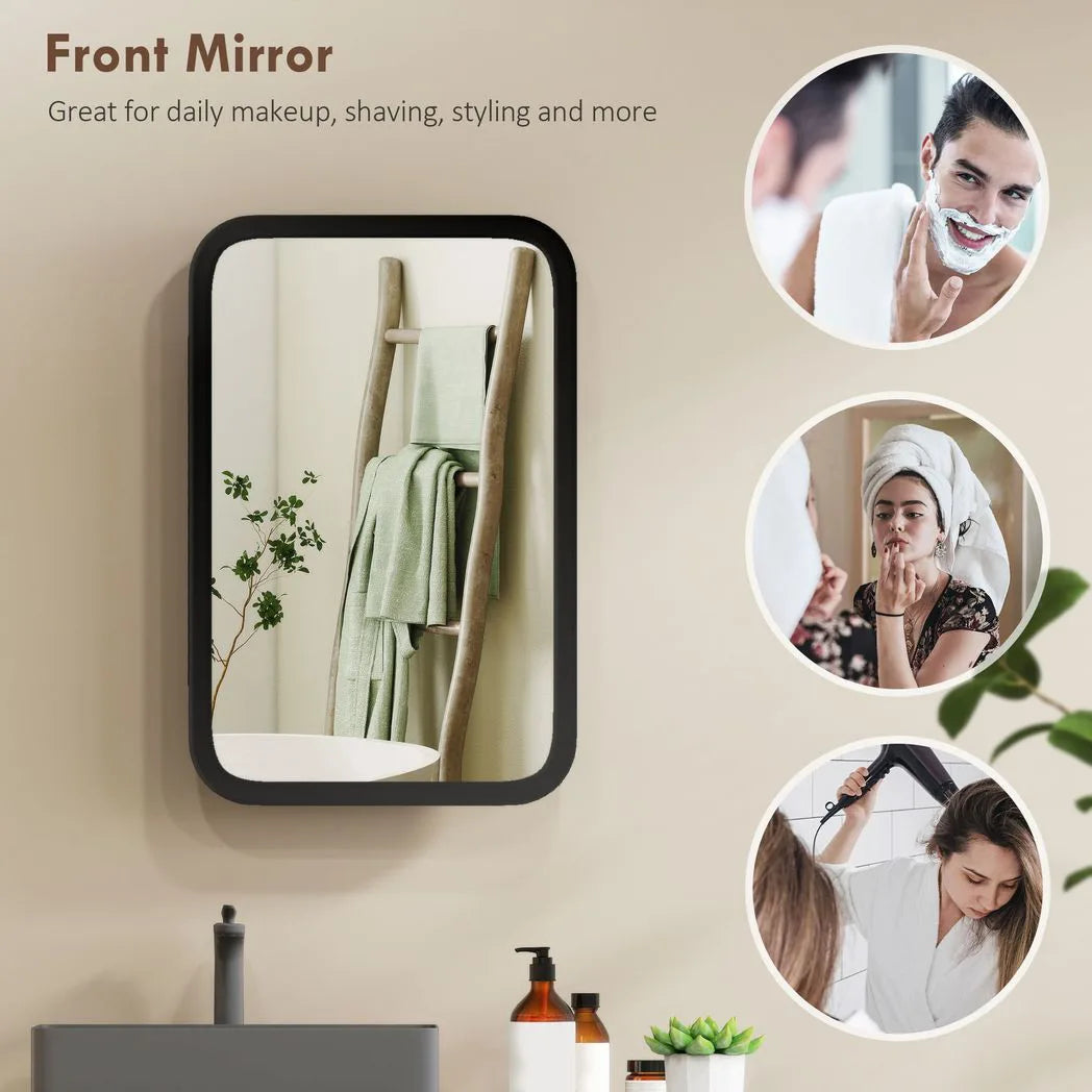 HOMCOM Bathroom Wall Cabinet with Tempered Mirror Door & 3 Shelves – Metal Mirror Cabinet for Bathroom or Hallway, Black