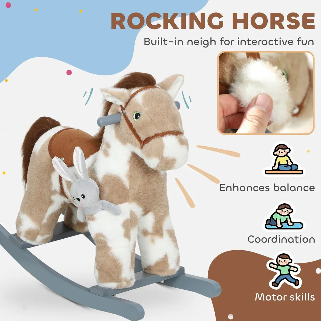AIYAPLAY Baby Rocking Horse with Realistic Sounds & Bunny Toy – Plush Ride-On Animal Rocker for Ages 2-5, Brown