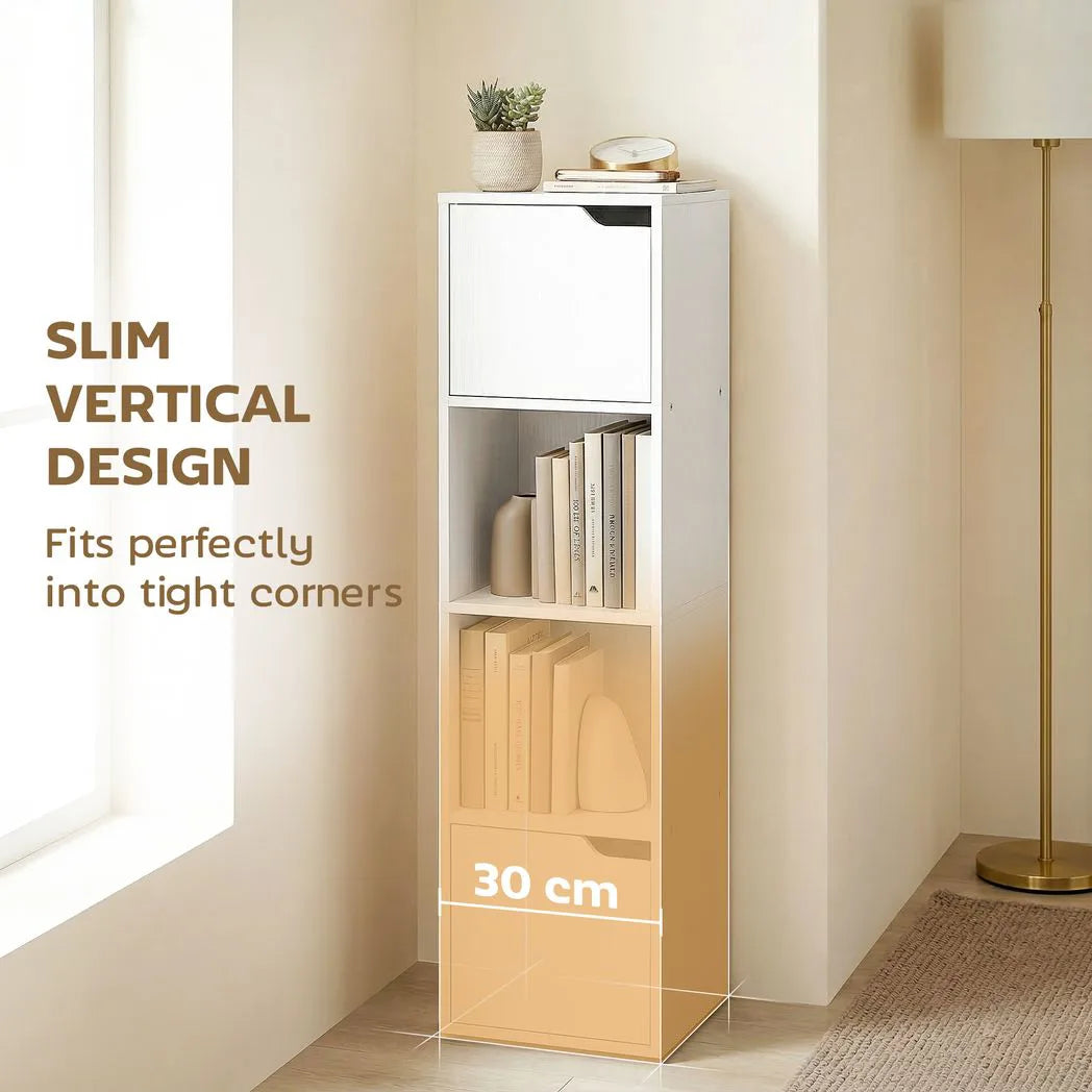 HOMCOM Narrow 4-Tier Bookcase with Doors and Open Shelves, 30cm Slim Storage Cabinet – Living Room, White
