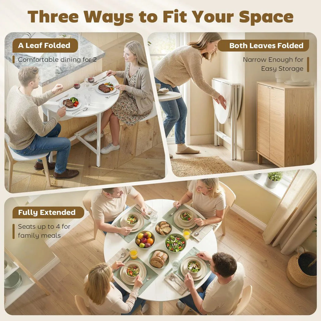 HOMCOM Round Drop Leaf Dining Table – 80cm Folding Kitchen Table for Small Spaces with Steel Frame, White