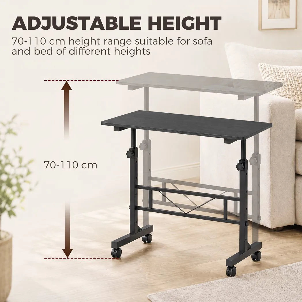 HOMCOM Overbed Table with Height Adjustment and Wheels, 80 x 40 cm – Sofa Side Table and Laptop Desk, Black