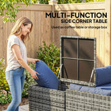 Outsunny 4 Piece Rattan Corner Sofa Set – Two Loveseats, Storage Table and Glass Coffee Table with Cushions, Dark Blue