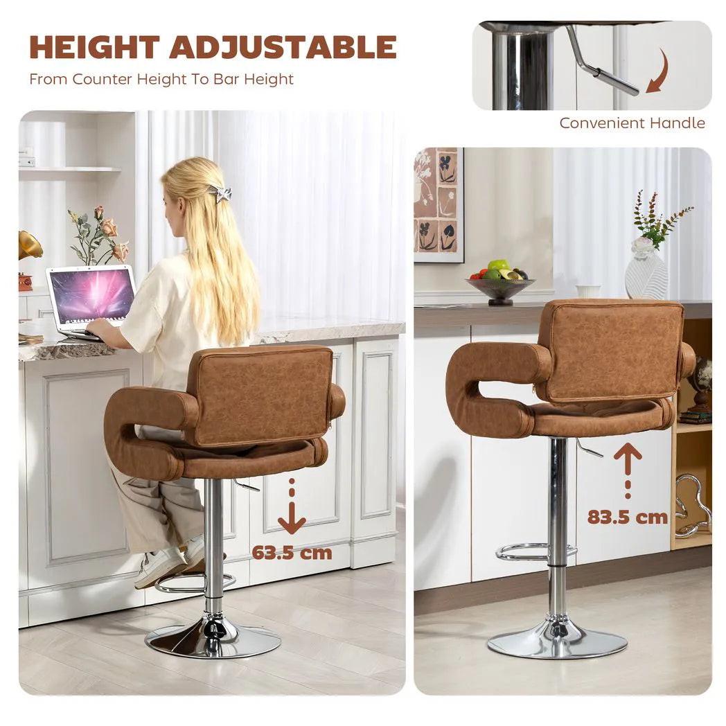HOMCOM PU Leather Swivel Bar Stool with Back, Armrest and Footrest – Height Adjustable, Brown