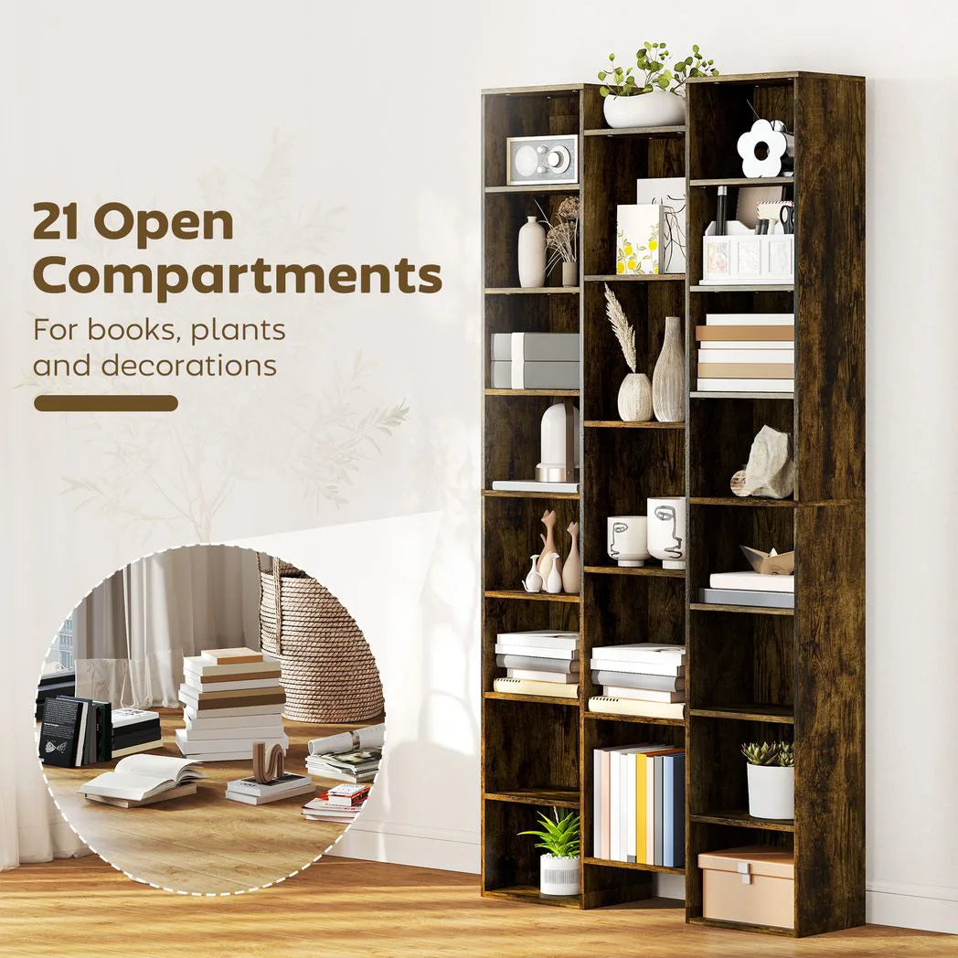 HOMCOM 21-Compartment Tall Bookshelf with 10 Adjustable Shelves and Anti-Tipping Hardware – Brown