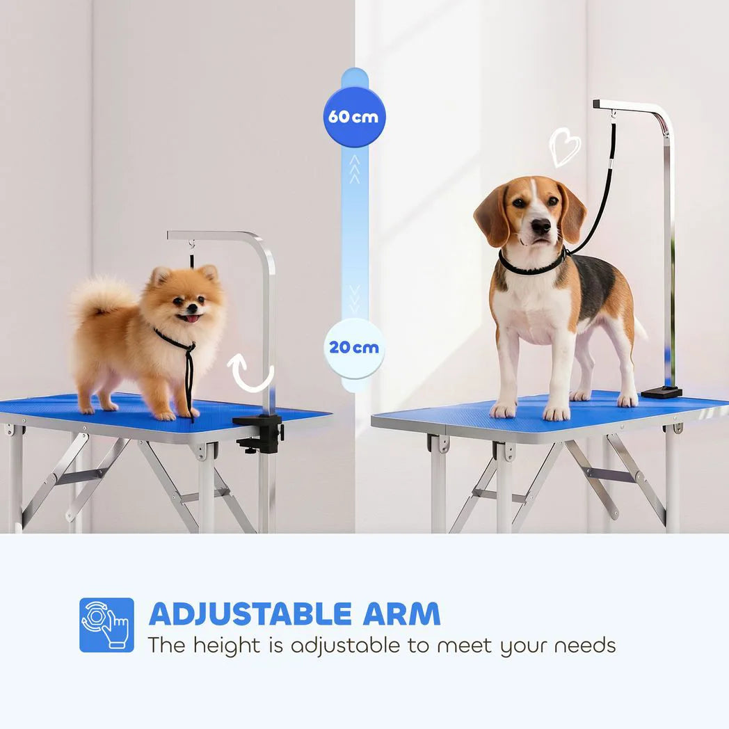 PawHut 32-Inch Foldable Dog Grooming Table with Adjustable Arm and Rubber Top – Pet Drying Table, Blue