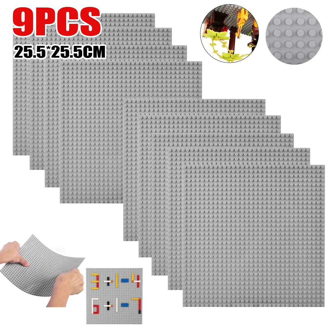 9 Piece Building Brick Baseplate Set, 25.5 x 25.5cm – Compatible Toy Base Boards, Multicolour