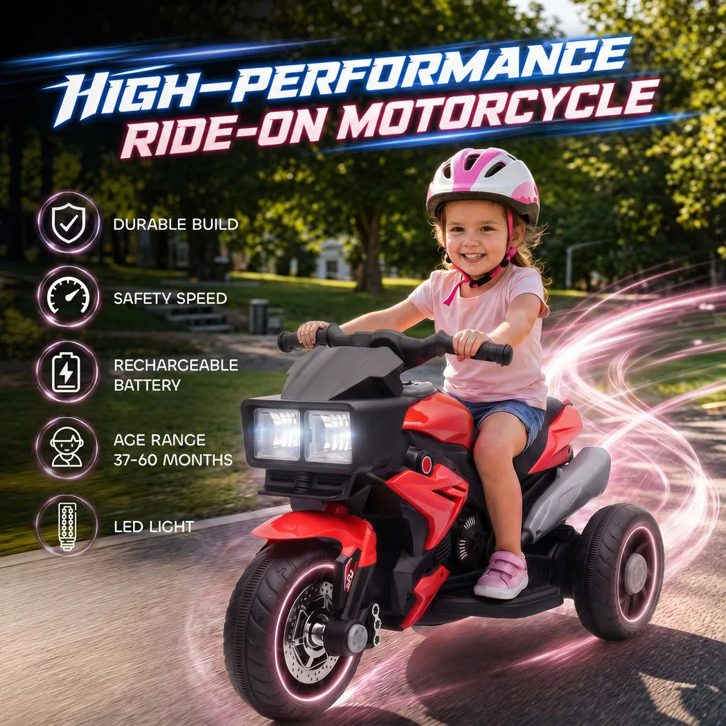 AIYAPLAY Kids Electric 3-Wheel Ride-On Motorbike with Horn, Headlights & Music – Toddler Battery Bike, Red