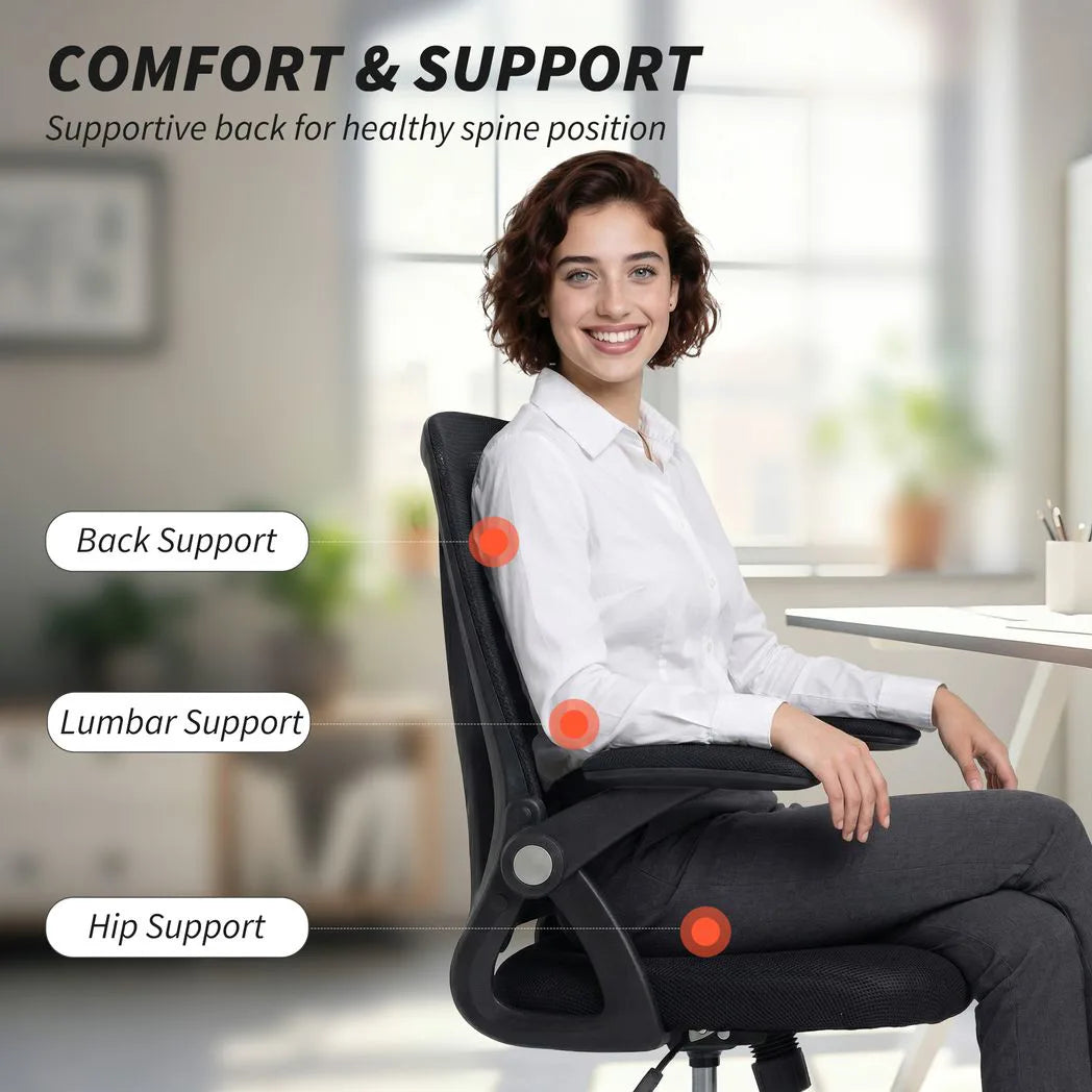 HOMCOM Mesh Office Chair with Flip-Up Armrests, Lumbar Support and Adjustable Height – Desk Chair, Black