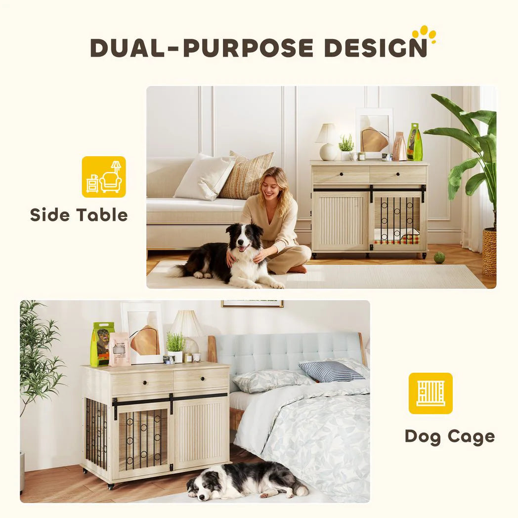 PawHut Dog Crate Furniture on Wheels with Two Drawers – Side Table Kennel for Medium and Large Dogs, Oak