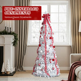 6ft White Pop-Up Pre-Lit Christmas Tree, Fully Decorated with 100 Warm White LEDs & Red Ornaments