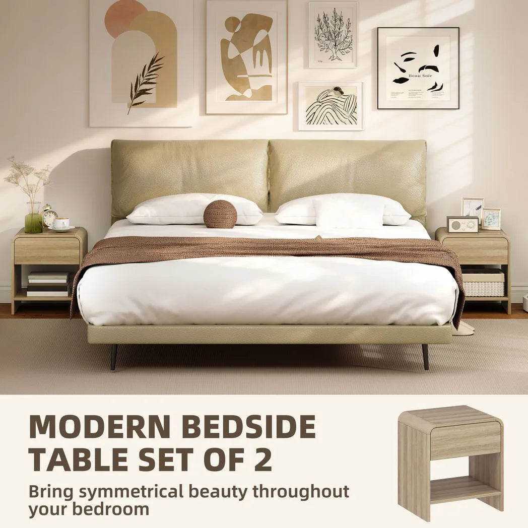HOMCOM Set of 2 Bedside Tables with Silent Drawer and Open Shelf – Nordic Style Nightstands, Natural