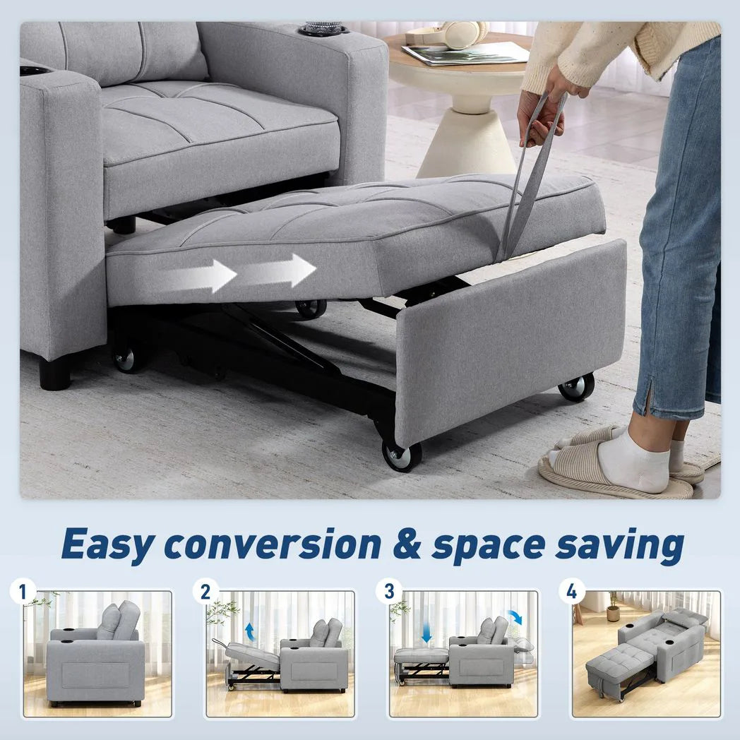 HOMCOM 3-in-1 Convertible Single Sofa Bed with Pillow and Cup Holders – Sleeper Chair Bed, Light Grey