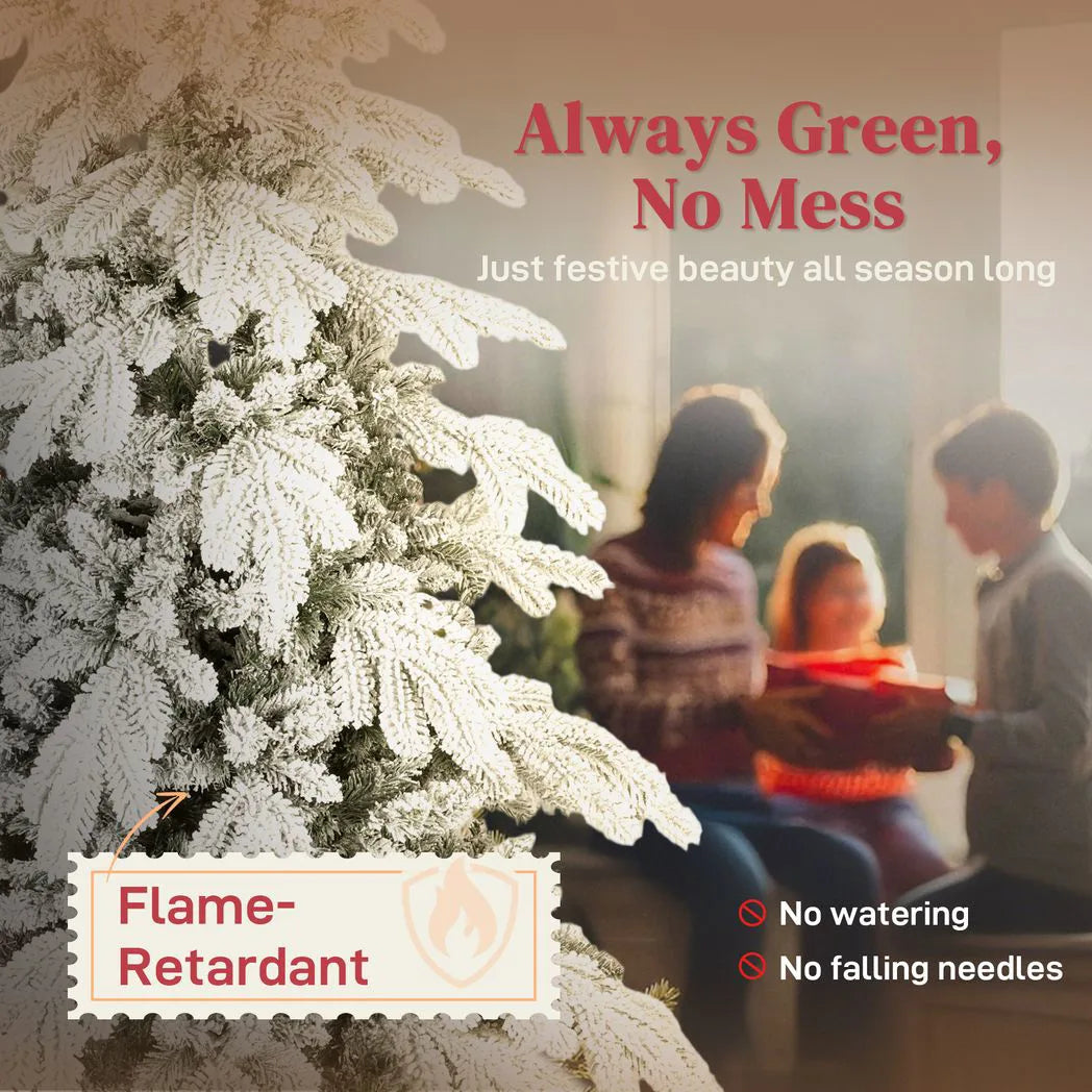 HOMCOM 7ft Super Flocked Christmas Tree with 1866 Branches – Full-Bodied Snowy Artificial Tree, Green and White