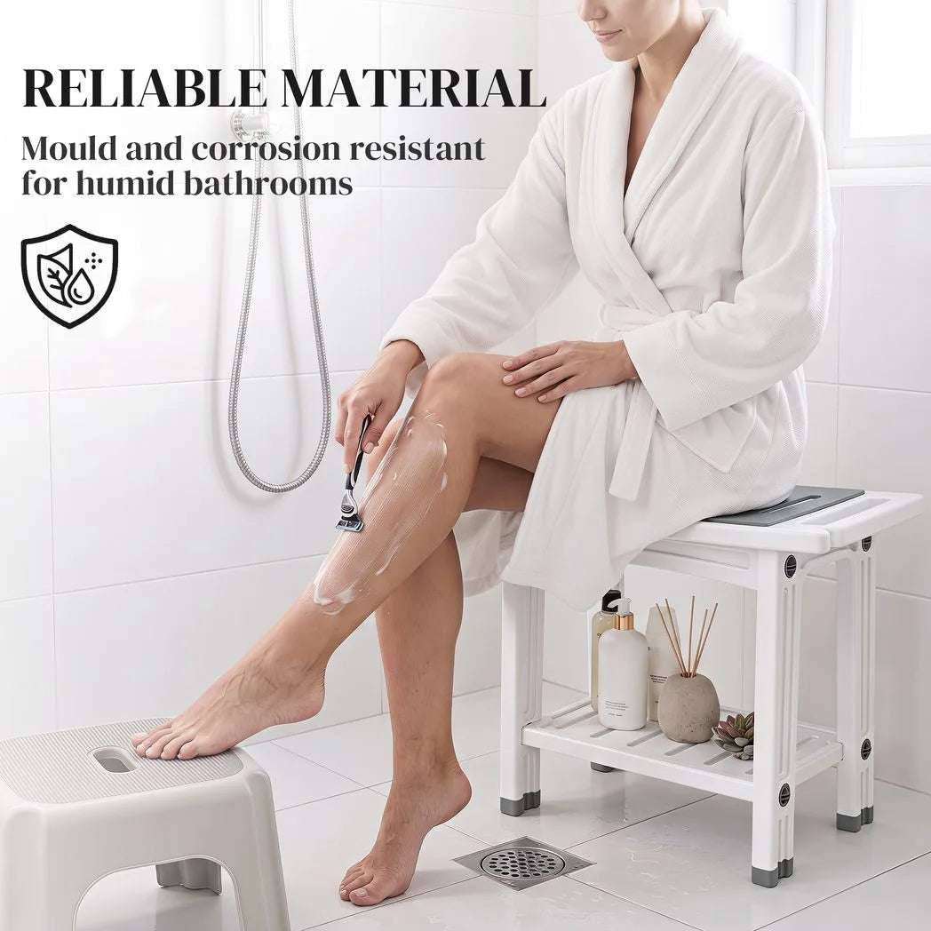 HOMCOM 2-Tier Shower Bench with Shelf, Shower Head Holder & EVA Seat Pad – Bathroom Stool, White and Grey