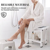 HOMCOM 2-Tier Shower Bench with Shelf, Shower Head Holder & EVA Seat Pad – Bathroom Stool, White and Grey