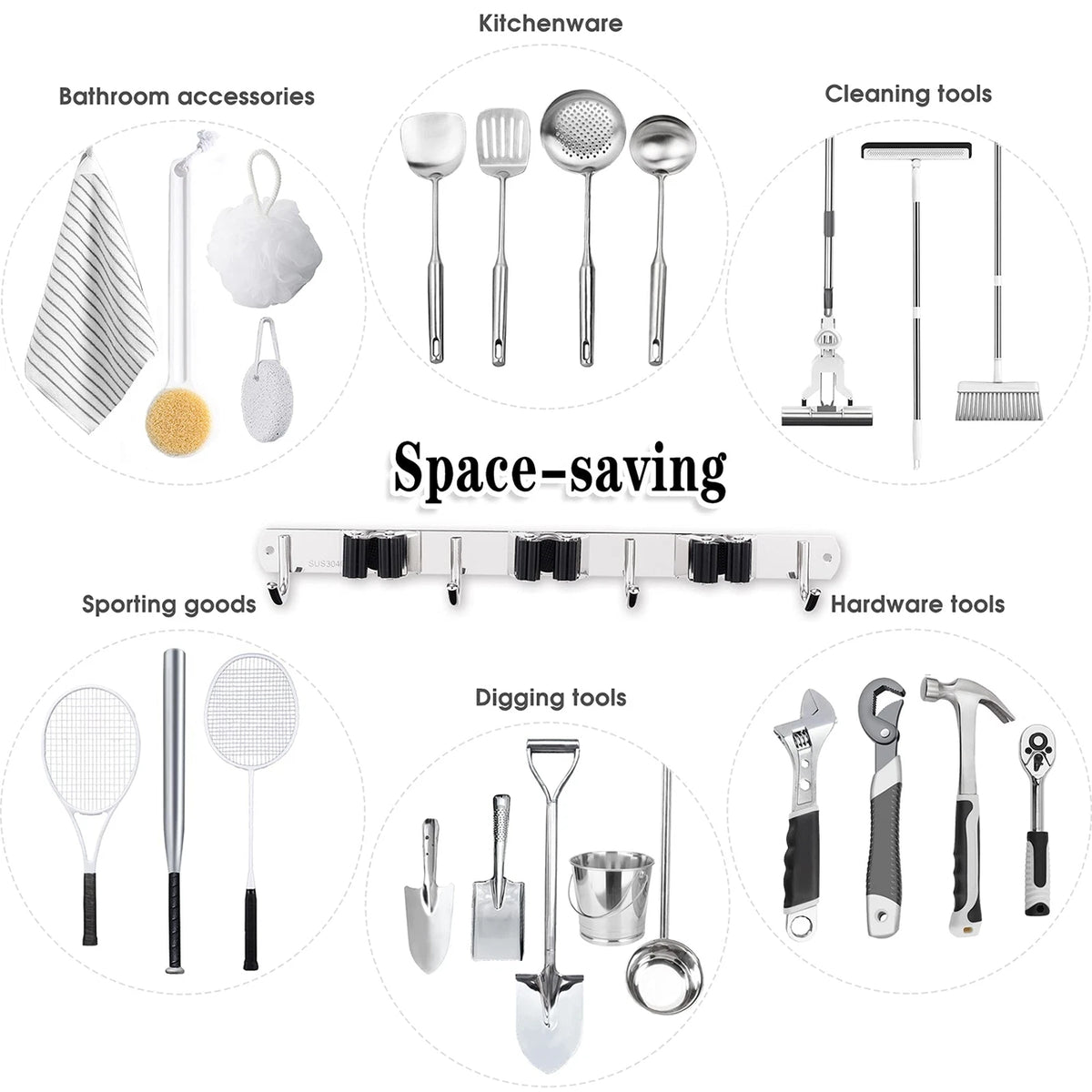 15 Inch Wall Mount Broom and Mop Holder, 3 Racks and 4 Hooks – Stainless Steel Garage Organiser