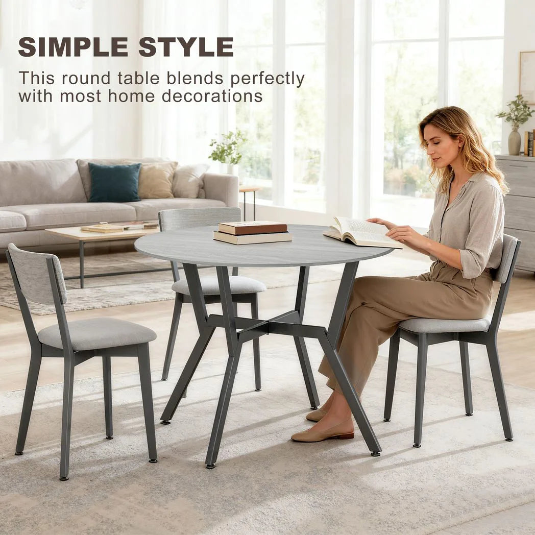HOMCOM Round Dining Table for 4 with Metal Frame and Anti-Slip Foot Pads, 90cm – Space-Saving Kitchen Table, Grey