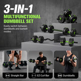 SPORTNOW 15kg 3-in-1 Adjustable Dumbbell & Barbell Set with EZ Curl Bar & Connecting Rod – Home Gym Weights, Green