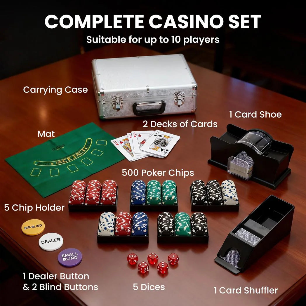 SPORTNOW 500-Piece Poker Chip Set with Card Shuffler, Card Shoe, Mat & Case – Texas Hold'em Set, Silver Tone