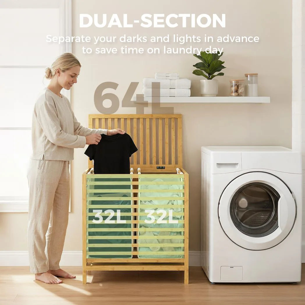HOMCOM 64L Bamboo Laundry Basket with Lid, 2 Removable Liners – Foldable Hamper, Natural and Cream White