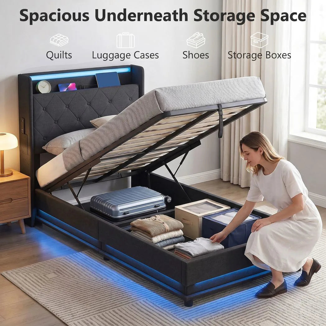 HOMCOM 3ft Single Ottoman Bed Frame with Hydraulic Storage, LED Lights, Charging Station and Headboard – Black