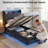 HOMCOM 3ft Single Ottoman Bed Frame with Hydraulic Storage, LED Lights, Charging Station and Headboard – Black