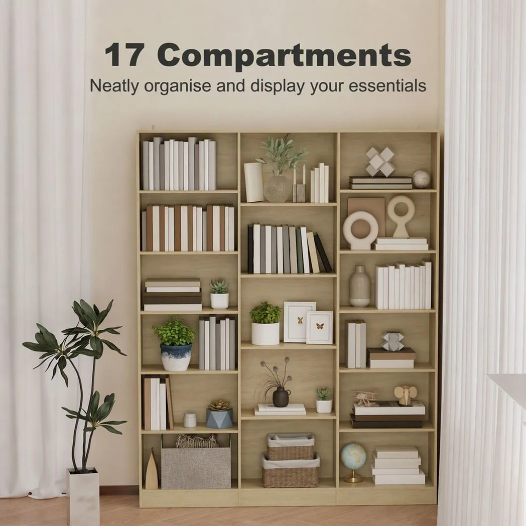 HOMCOM 17-Cube Open Bookcase, 188cm Tall with Adjustable Shelves and Anti-Tipping Hardware – Oak