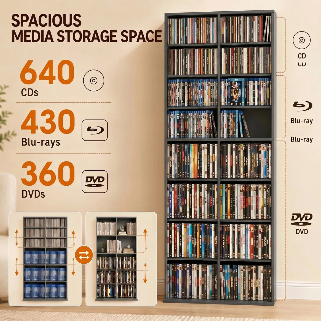HOMCOM 640 CD Storage Tower with 14 Adjustable Shelves – Tall Narrow DVD and Media Rack, Grey