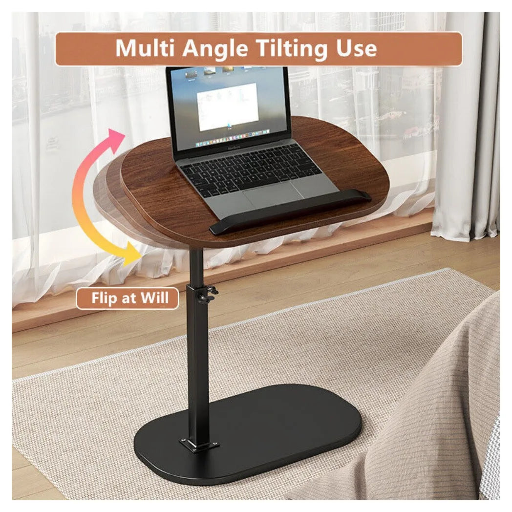 C-Shaped Adjustable Sofa Side Table with Tilting Top – Height 45–80cm Laptop Table, Walnut