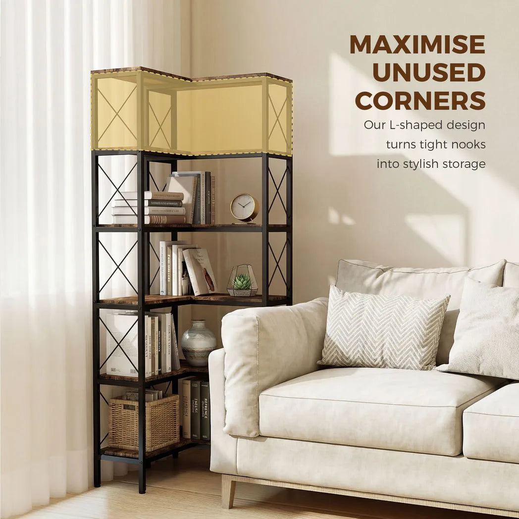 HOMCOM 5-Tier L-Shaped Corner Bookshelf with Metal Frame and Anti-Tipping Kit – Freestanding, Rustic Brown