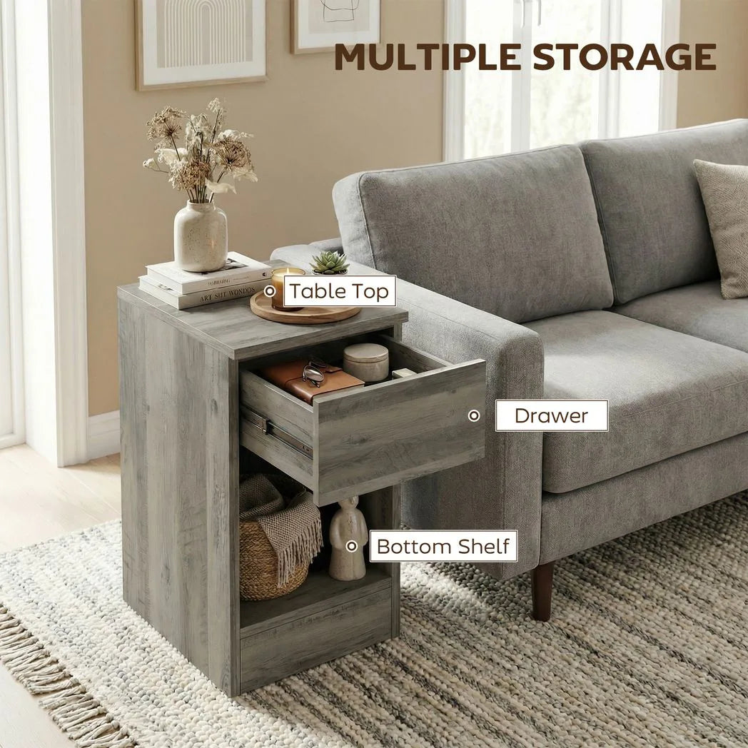 HOMCOM Set of 2 Slim Bedside Tables with Drawer and Shelf – Modern Storage Side Tables, Grey