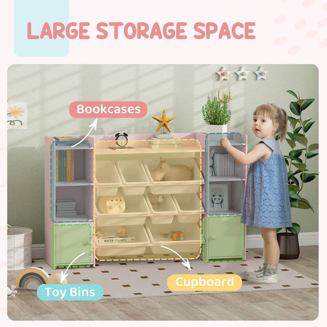 AIYAPLAY Kids Toy Storage Unit with 8 Removable Bins and Bookshelf – Toy Organiser, Pink