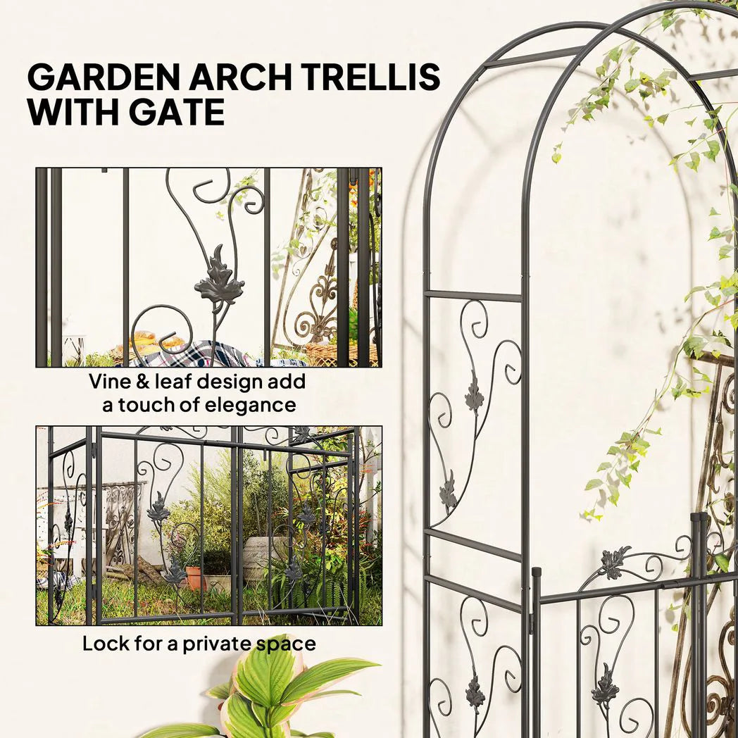 Outsunny 2.17m Steel Garden Arch with Gate – Wedding Arch Plant Support, 107 x 45 x 217cm, Black