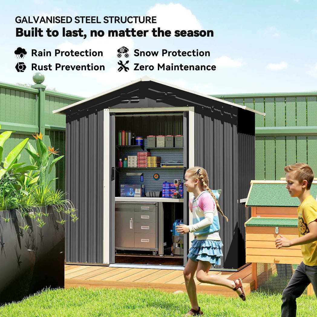 Outsunny 6.5 x 3.5ft Galvanised Metal Garden Shed with Double Doors and Vents, Dark Grey