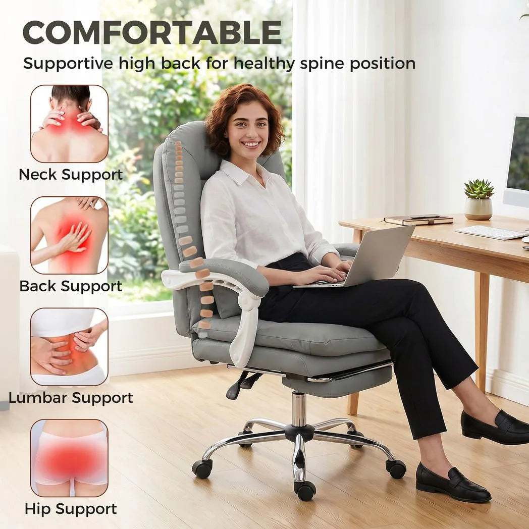 HOMCOM Ergonomic Executive Office Chair with 155° Recline, Lumbar Pillow & Footrest – PU Leather, Grey