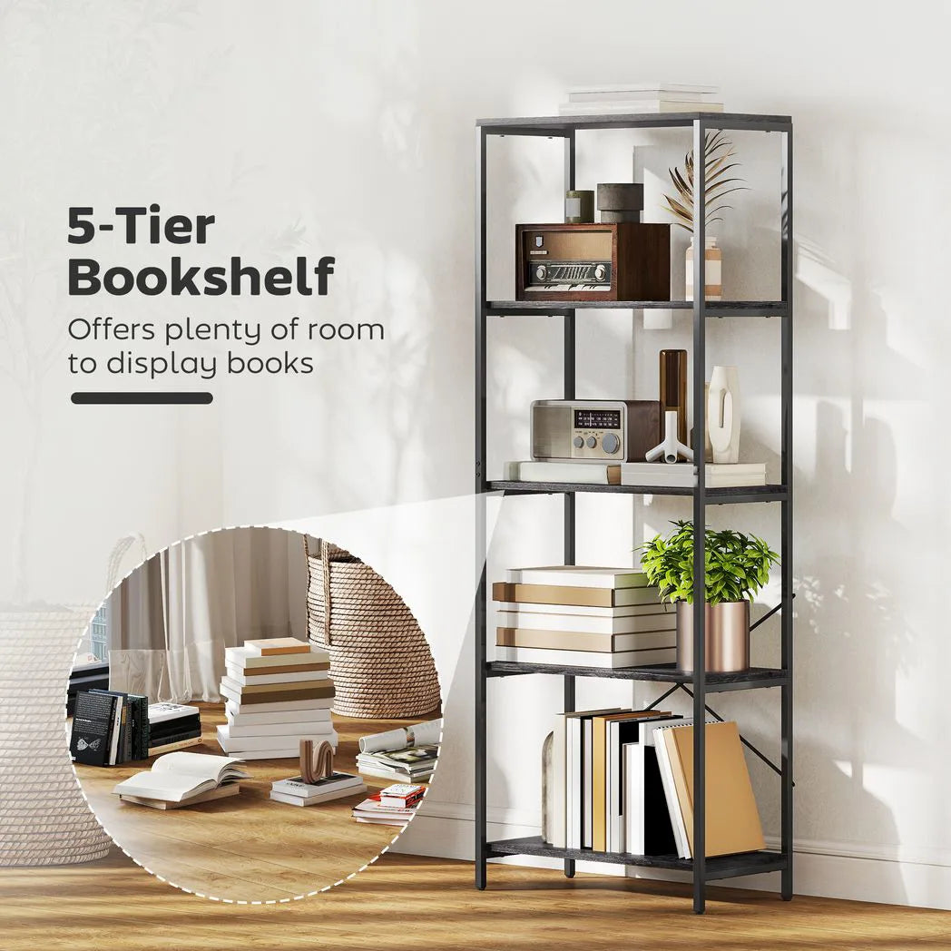 HOMCOM 5-Tier Industrial Bookcase with Metal Frame and Anti-Tipping Straps – Display Shelf, Dark Grey and Black